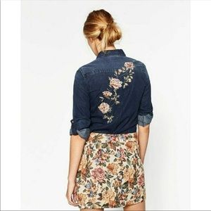 Zara Floral Denim Button Down Top